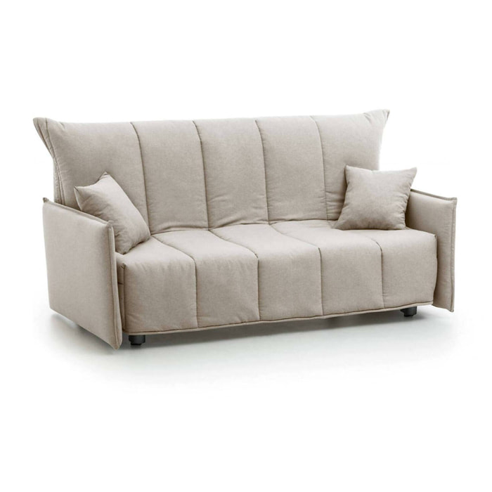 Divano letto 2 posti Alaric, Sofà con apertura a carrello in tessuto imbottito, Braccioli standard, 100% Made in Italy, Cm 150x90h85, Beige