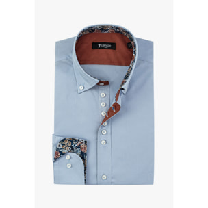 Camicia Uomo 1 Bottoni Button Down Slim Popeline Stretch Unito Celeste