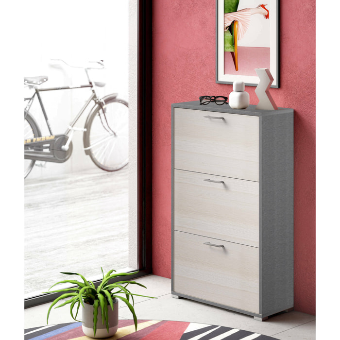 Scarpiera Axinite, Mobile multiuso da ingresso con 3 ante a ribalta, Armadietto portascarpe a doppia profondità, 100% Made in Italy, 67x28h112 cm, Larice