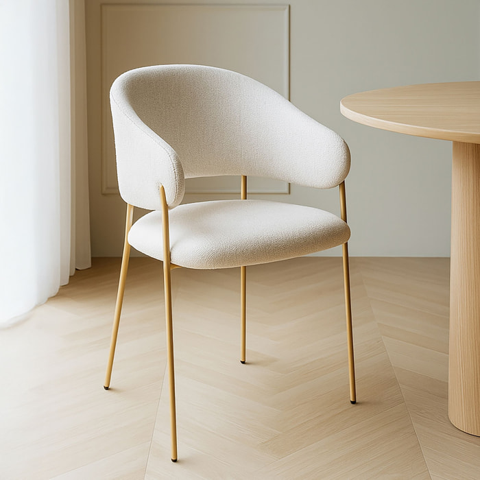 Lot de 2 fauteuils de table en tissu écru et pieds en métal doré EROS