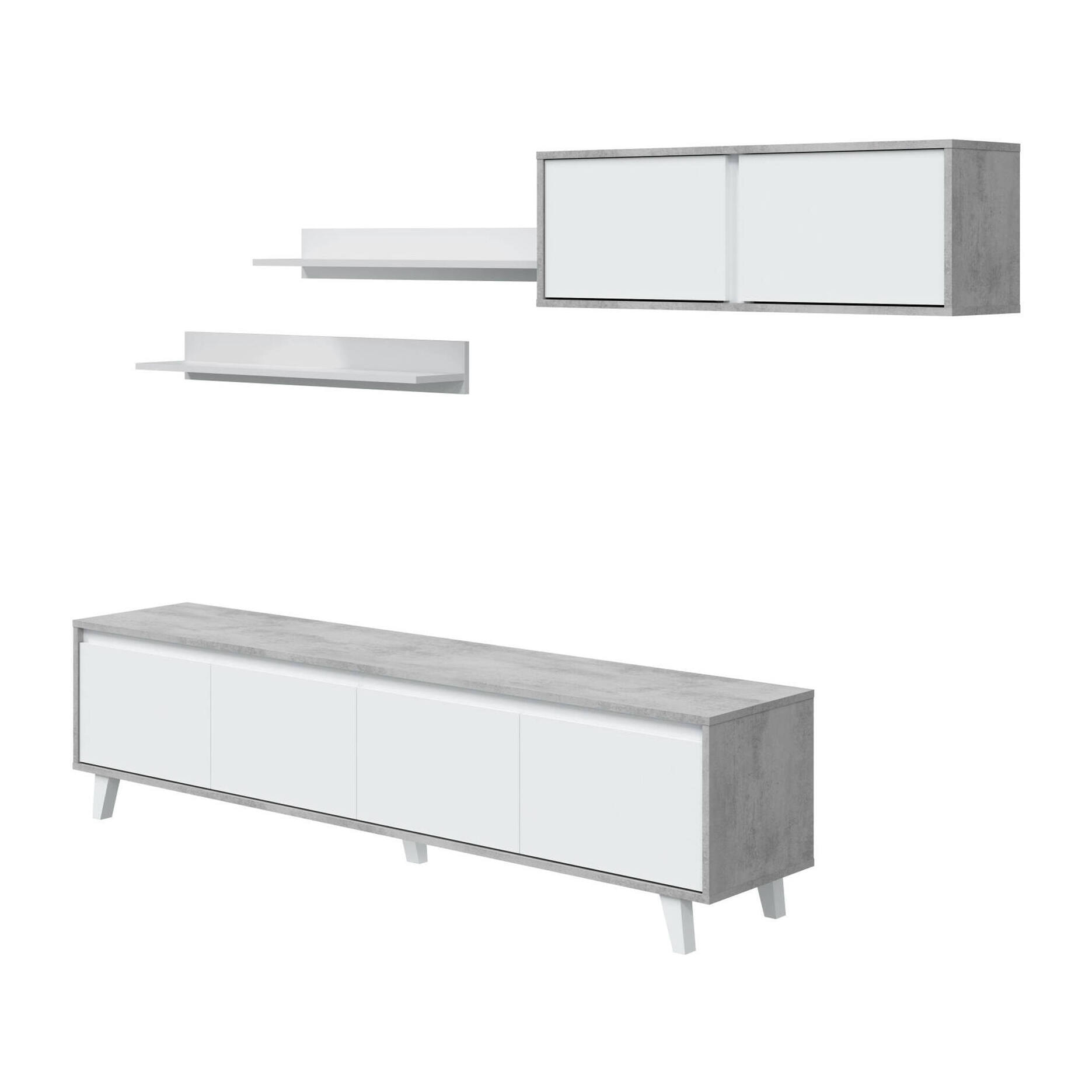 Parete attrezzata Kaya, Set da soggiorno, Mobile salotto multiuso, Parete attrezzata moderna, 200x41h50 cm, Cemento e Bianco lucido