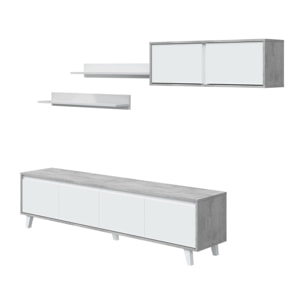 Parete attrezzata Kaya, Set da soggiorno, Mobile salotto multiuso, Parete attrezzata moderna, 200x41h50 cm, Cemento e Bianco lucido