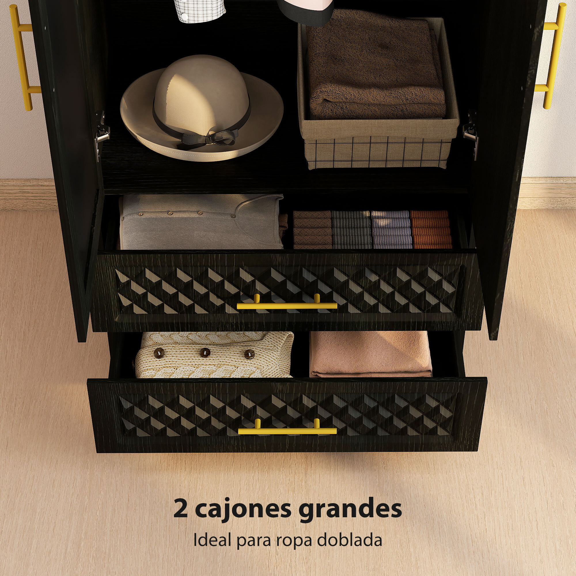 Armario Dormitorio 2 Puertas y 2 Cajones, Armario Ropero con Espejo, Relieve de Diamante, Barra para Colgar, Estilo Moderno, 80x50x180 cm, Negro