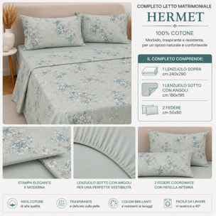 HERMET Completo Letto Matrimoniale Ginevra Salvia 100% Cotone 240x290 cm