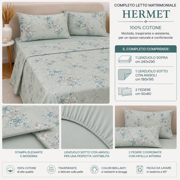 HERMET Completo Letto Matrimoniale Ginevra Salvia 100% Cotone 240x290 cm