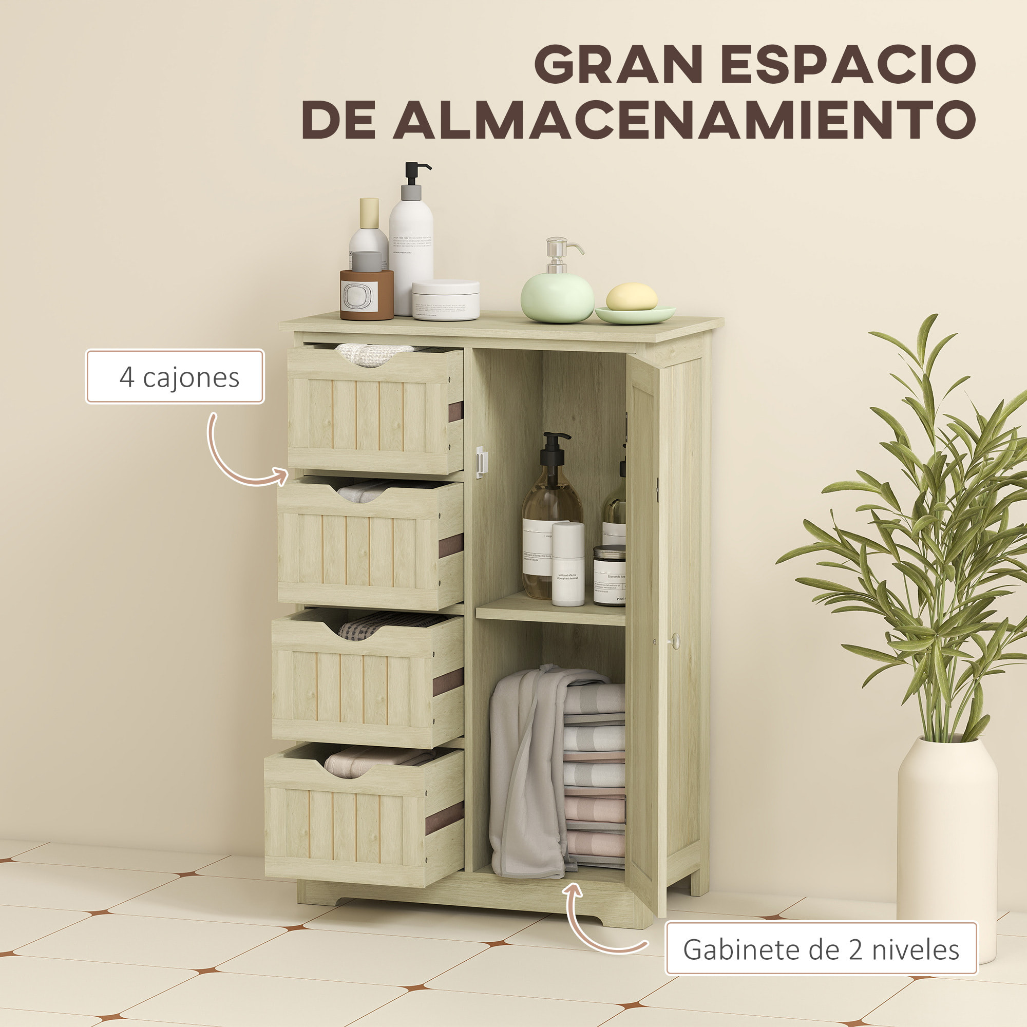 Armario de Baño, Columna de Baño Estrecha con 4 Cajones y Estante Ajustable, Estilo Moderno, para Espacios Pequeños, 56x30x83 cm, Madera Natural