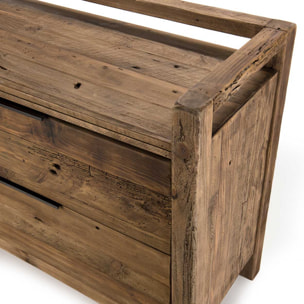 ANDRIAN - Commode marron 2 tiroirs bois Pin recyclé poignées métal noir