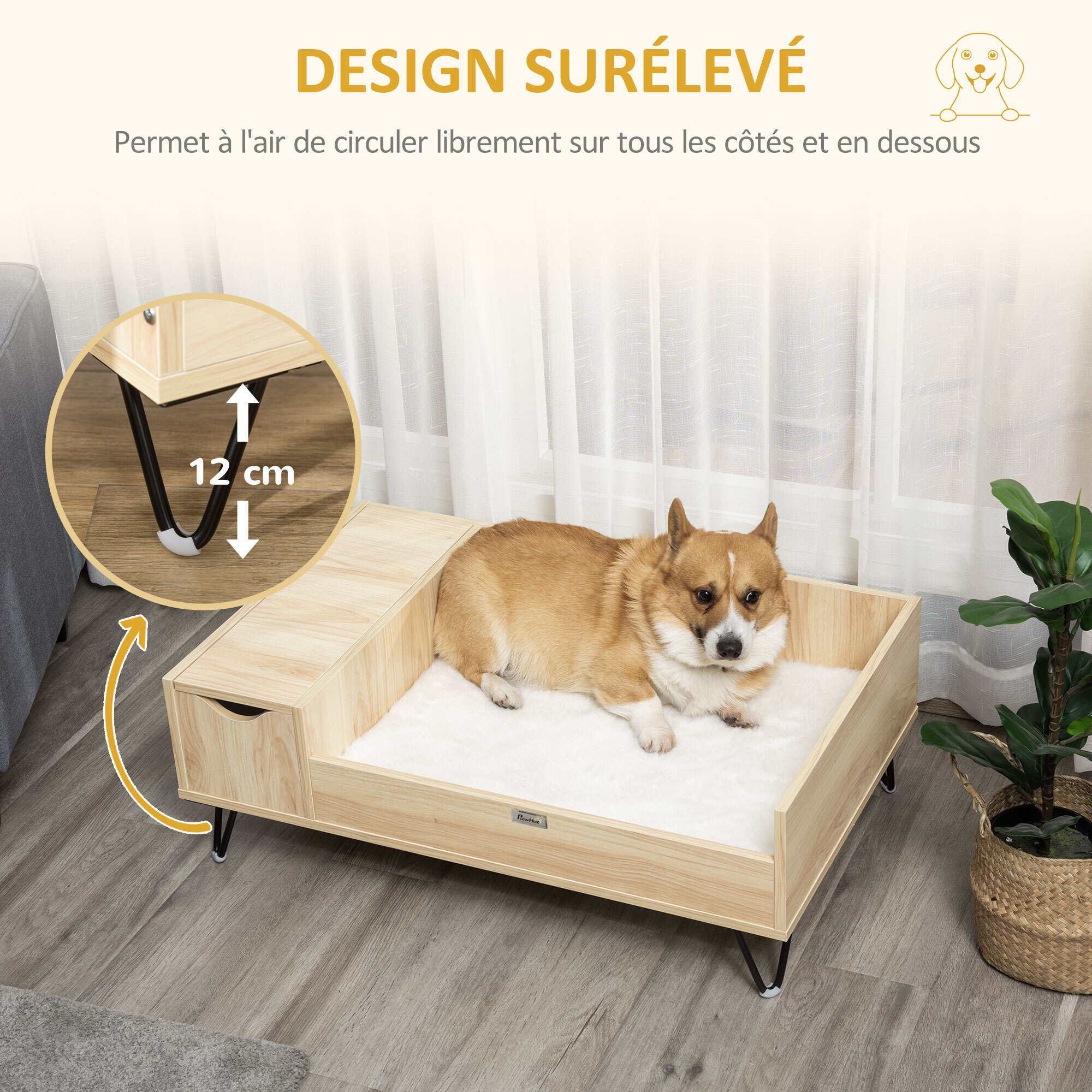 Canapé chien chat style cosy naturel - coussin aspect fourrure blanc et coffre inclus - dim. 89L x 56l x 31H cm - pieds acier en épingles lit MDF aspect bois clair naturel