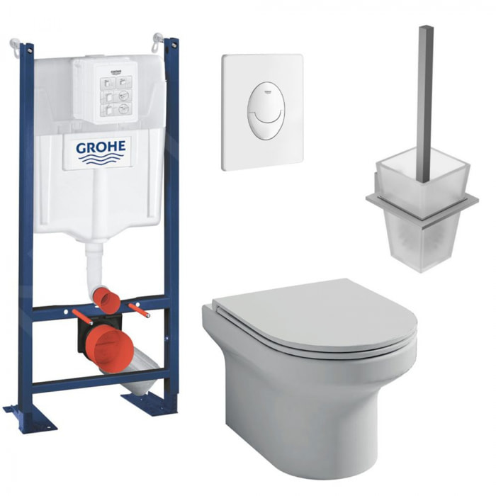 Pack WC suspendu sans bride Jacob Delafon  Elite abattant extraplat + Bâti support Grohe RapidSL + plaque blanc + Porte-balai