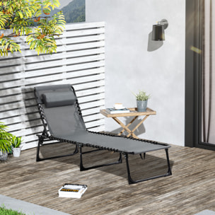 Tumbona Plegable Tumbona Jardín Exterior con Respaldo Ajustable Reposacabezas Acolchado Bolsillo Lateral y Estructura de Acero 185x58x30 cm Gris