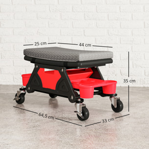 Tabouret d'atelier mobile - tabouret de mécanicien - coussin intégré, 3 plateaux outils - noir rouge