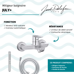 Mitigeur baignoire July+ + pommeau de douche Shift+ rond + flexible de douche lisse