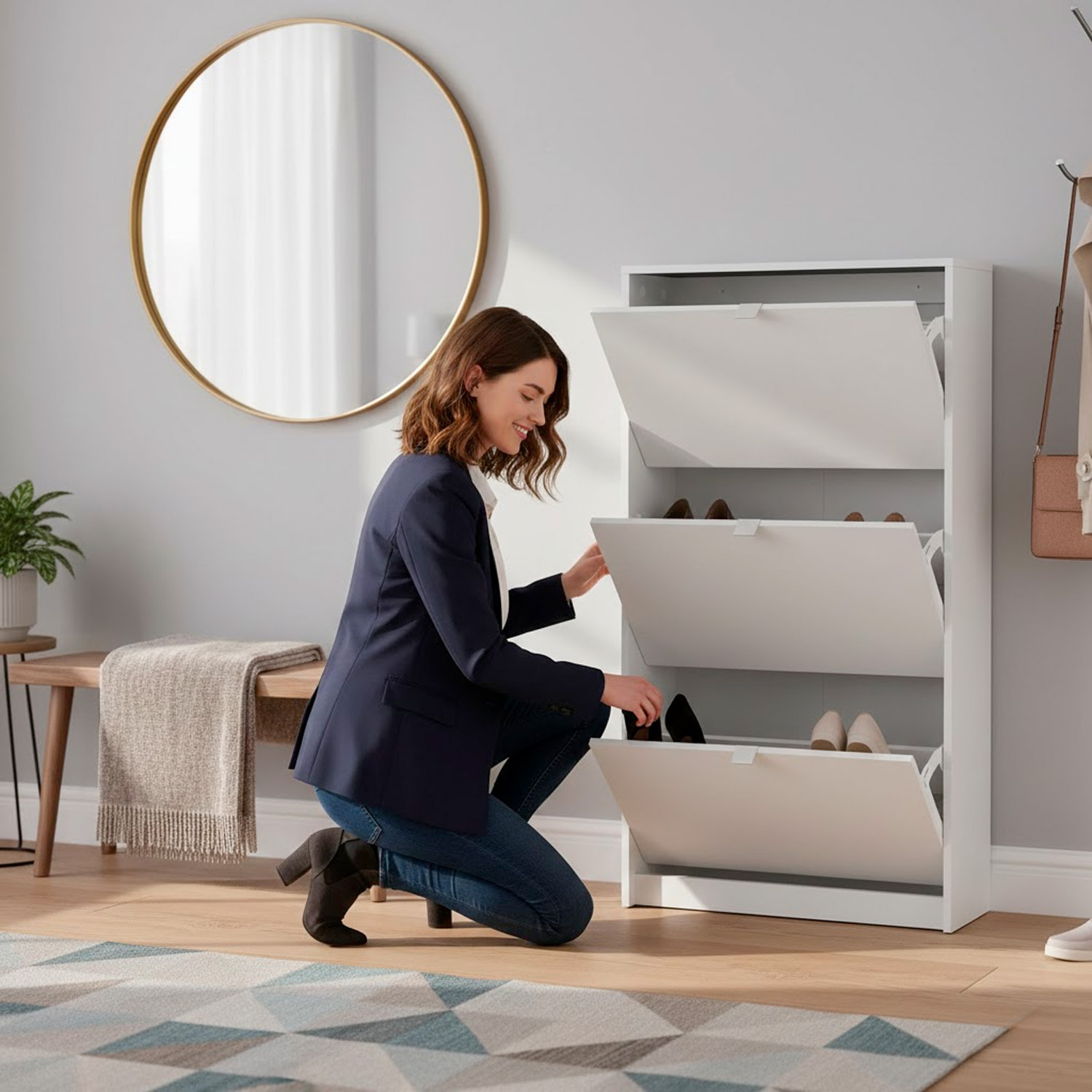 Scarpiera Salvaspazio Con 3 Ante A Ribalta E 2 Ripiani Interni Doppia Profondità Mobile Portascarpe Moderno Ingresso Corridoio Fino A 18 Paia Bianco