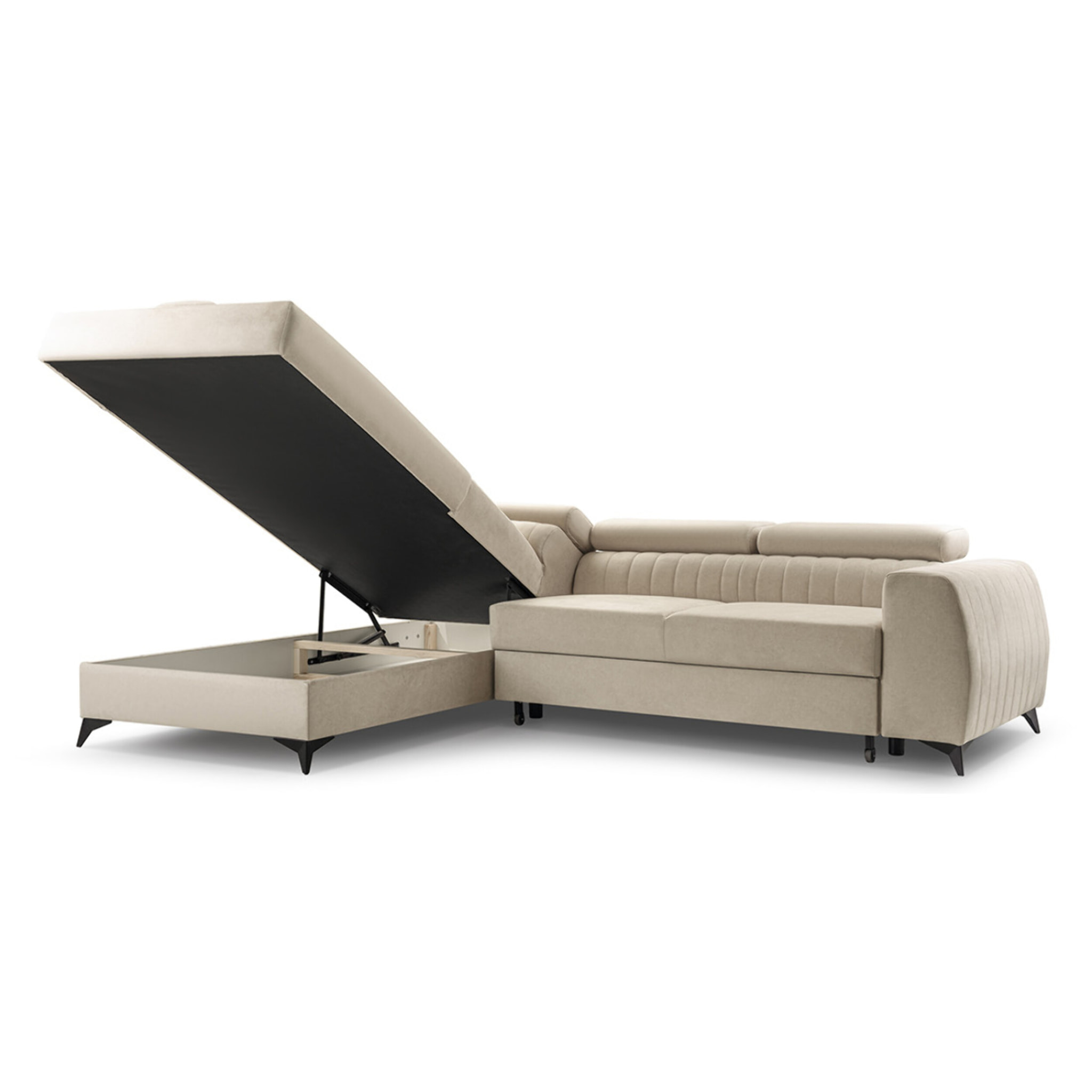 Aneta - canapé d'angle gauche 5 places - convertible avec coffre et têtières - en velours - Beige