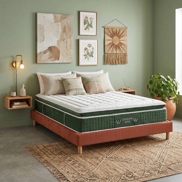 Ensemble matelas Jade & sommier Cancun | Mémoire de forme et ressorts ensachés | Cadre à lattes | Velours côtelé | Terracotta
