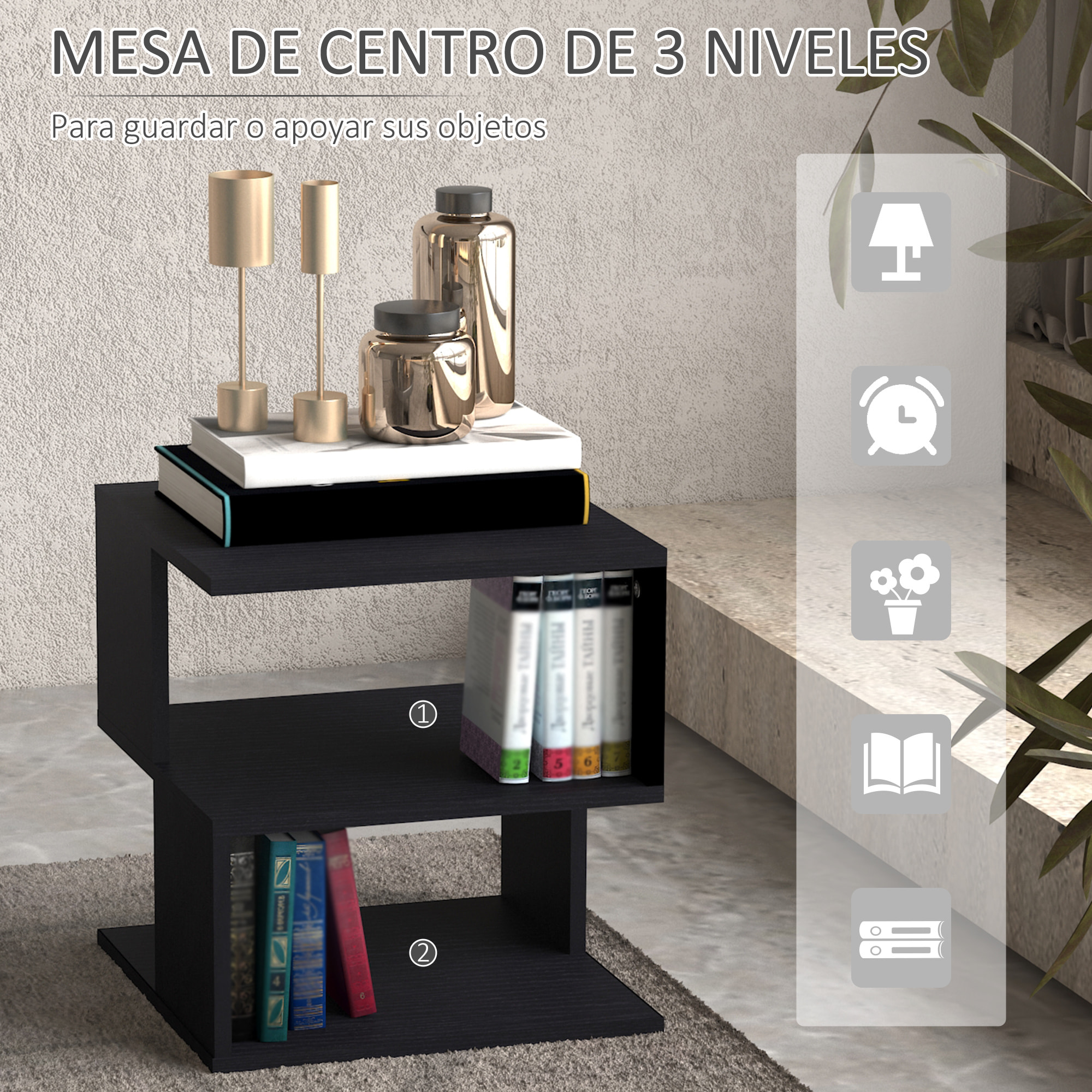 Mesa Auxiliar Cuadrada de 3 Niveles, Mesita Auxiliar Moderno con 3 Estantes Abiertos de Almacenaje, para Salón, Dormitorio, Librería, 40x40x43 cm Negro