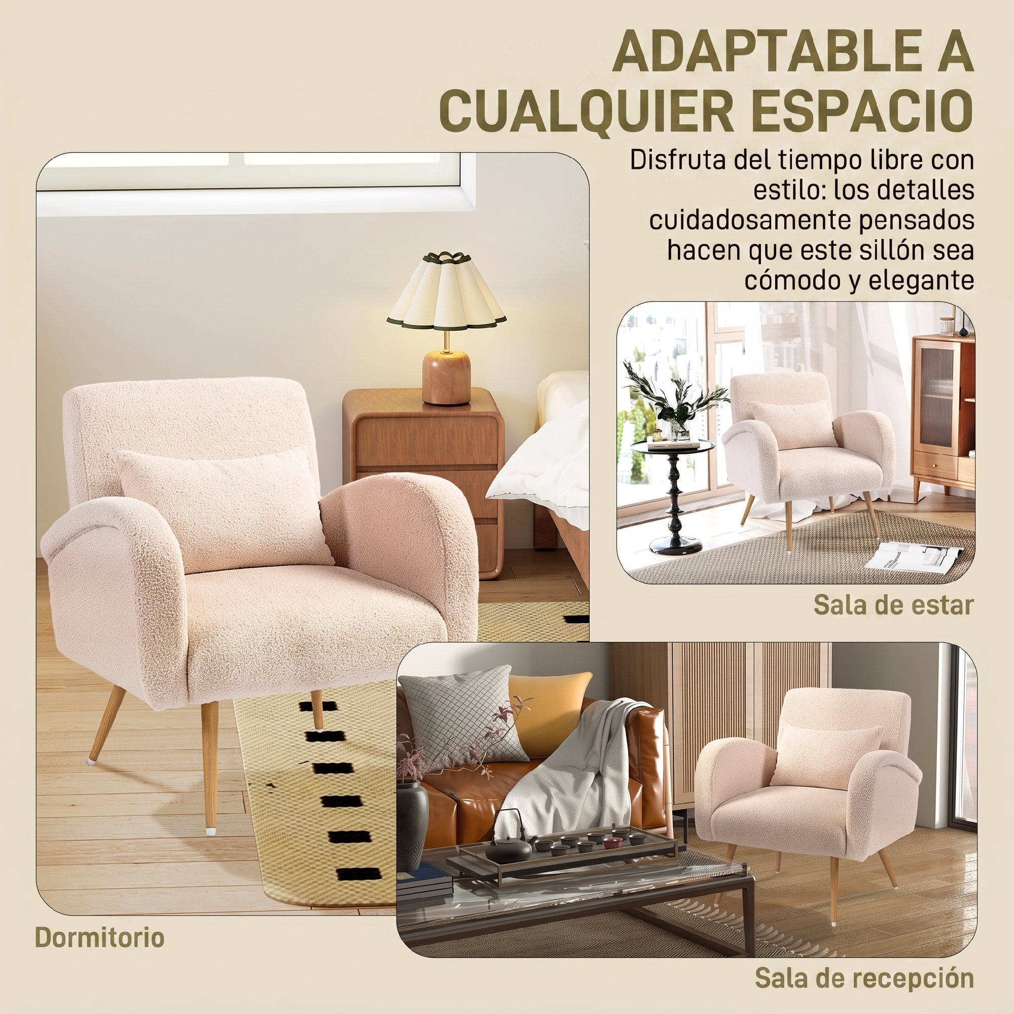 HOMCOM Sillón de Salón de Tela Teddy, Butaca de Salón con Cojín Lumbar Desmontable, Patas de Metal con Efecto Madera, Sillón de Relax para Dormitorio, Oficina, Estudio, Beige