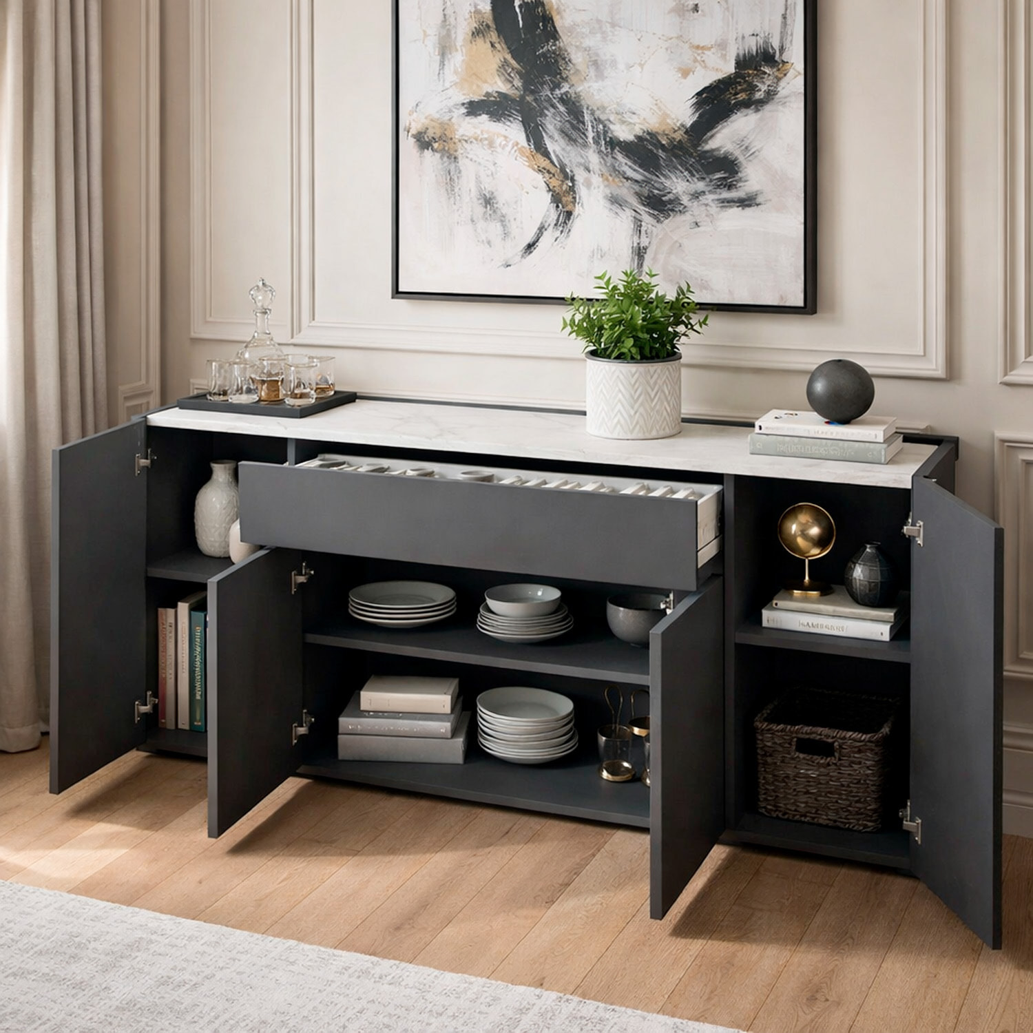 Credenza Moderna Madia Con 4 Ante E 1 Cassetto Mobile Contenitore Sala da Pranzo Soggiorno 170 x 85 x 40 cm Grafite Effetto Marmo