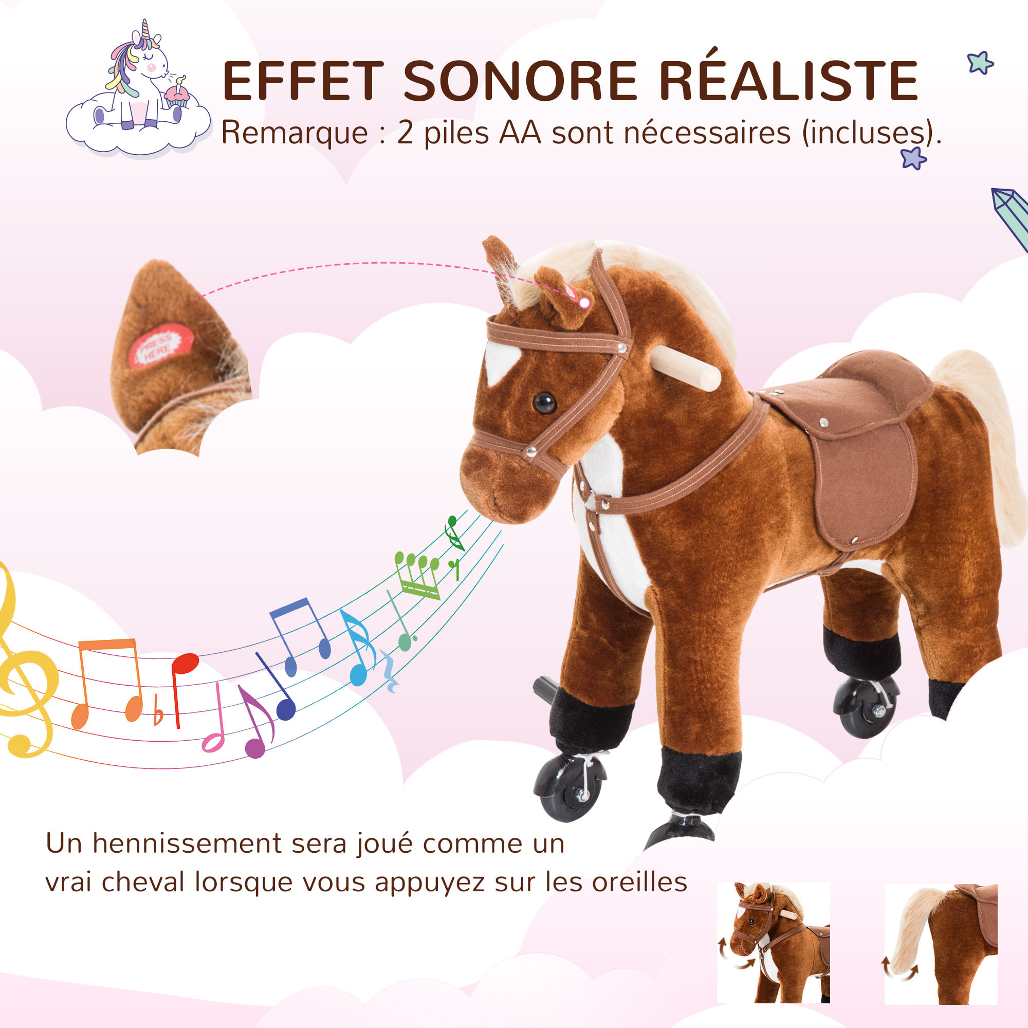 Porteur cheval pour enfant +36 mois effet sonore repose-pieds poignées marron blanc