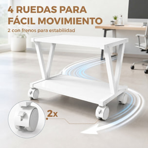 Soporte para Impresora de 2 Niveles con Ruedas Bloqueables, Mueble para Impresora con Marco Metálico en V, Estante Multiusos Bajo Escritorio para Oficina, Casa, Blanco