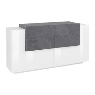 Credenza moderna a 2 ante e 4 cassetti, Made in Italy, Madia da cucina, Buffet di design da soggiorno, cm 160x45h86, colore Bianco lucido e Grigio Ardesia