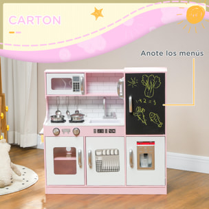 Cocina de Juguete Cocina para Niños de +3 Años Cocina Infantil de Madera con Accesorios para Cocinar Pizarra Máquina de Hielo y Teléfono 83,8x26,8x81 cm Rosa