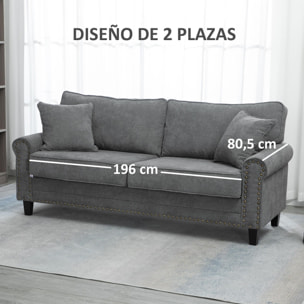 Sofá de 2 Plazas Sofá de Salón Moderno Tapizado en Poliéster con 2 Cojines Ribete de Cabeza de Clavo y Patas de Madera 196x80,5x89 cm Gris