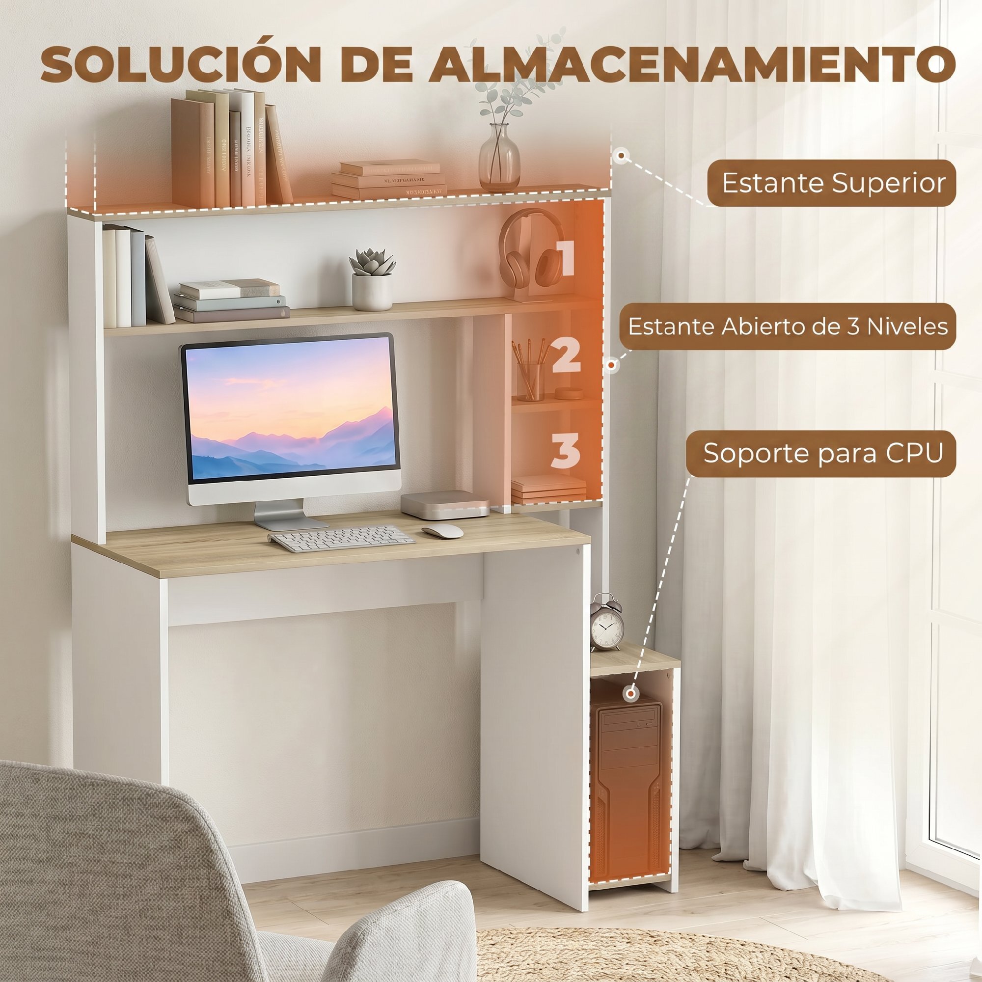 Mesa de Escritorio con Estanterías Mesa de Ordenador Moderna con Estantes Soporte para Monitor CPU de Oficina Estudio 114x45x138 cm Blanco y Natural