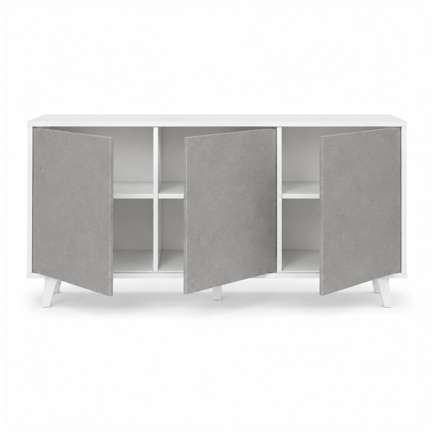 Credenza Moderna Madia 3 Ante Senza Maniglie Design Minimal Con Piedini RialzatiPer Soggiorno Ingresso 154 x 72 x 40 Cm Bianco e Grigio Cemento