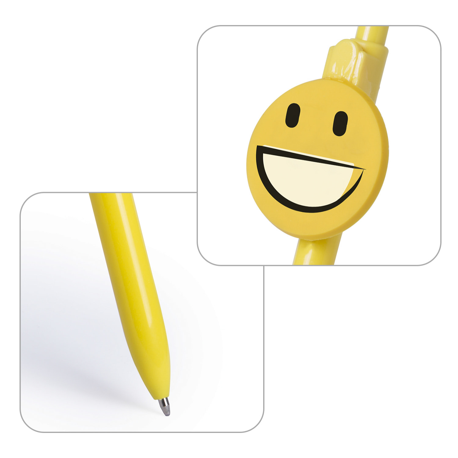 Bolígrafo Fricum diseño emoji sonrisa. Con mecanismo pulsador y tinta azul.