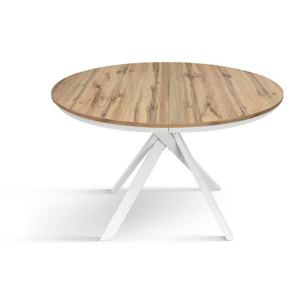 Tavolo rotondo PANTELLERIA in legno effetto rovere rustico con gambe incrociate in metallo bianco, allungabile ⌀120 cm - ⌀170 cm