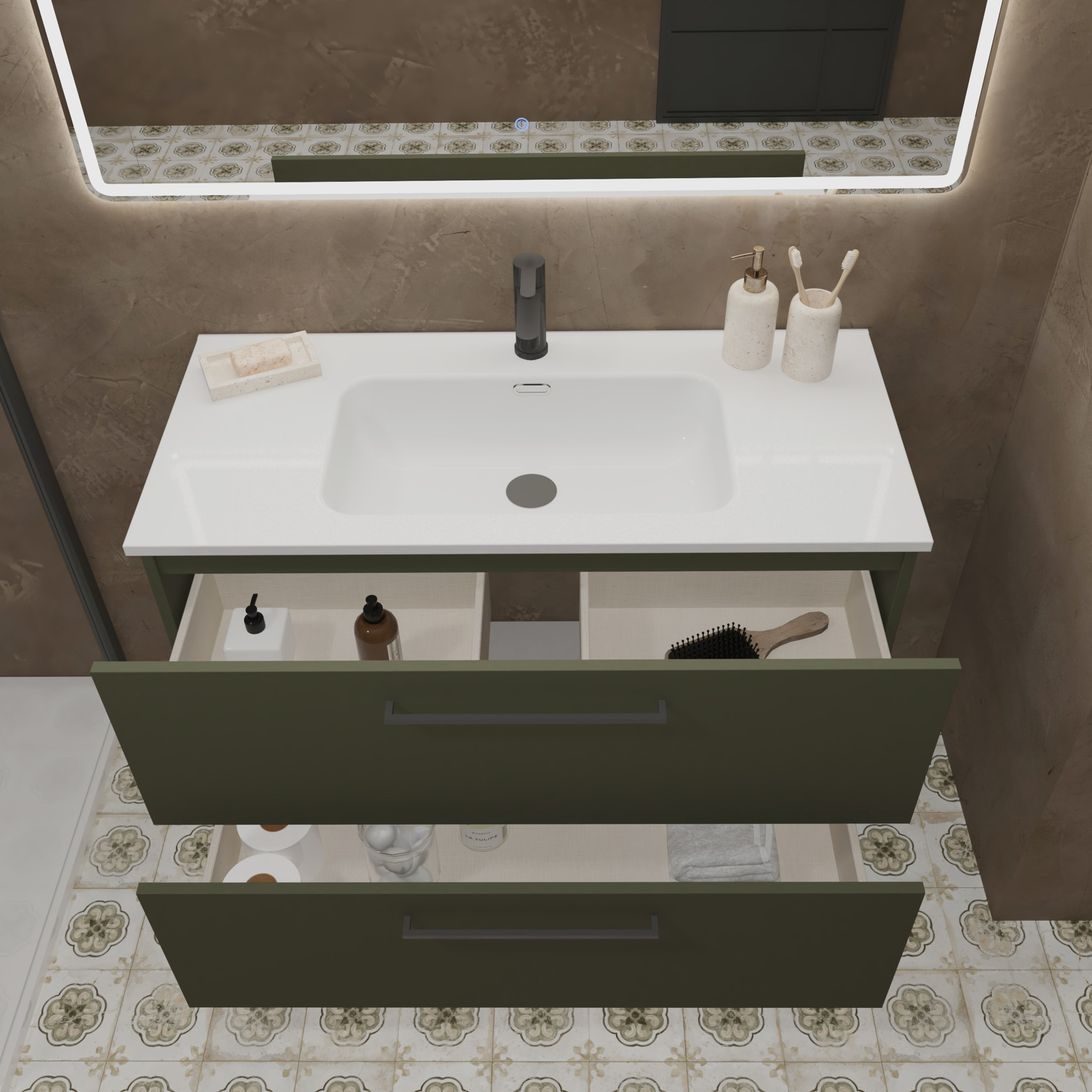 Conjunto de Baño Vex | 80 cm Verde| Dos Cajones | Lavabo Encastrado | No incluye Espejo | Mueble Montado | Alday