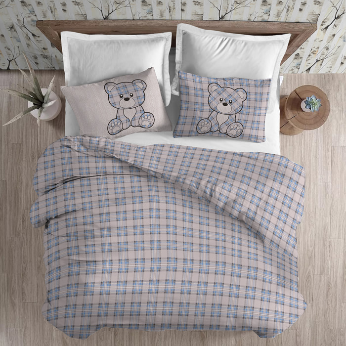 Parure copripiumino in flanella orsetto tartan azzurro