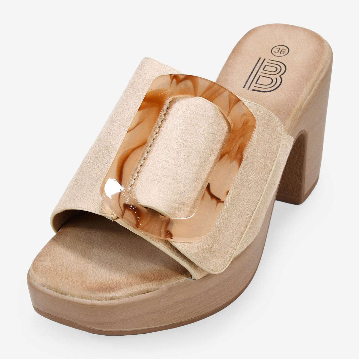 Sandalias de tacón arena con hebilla marmolada