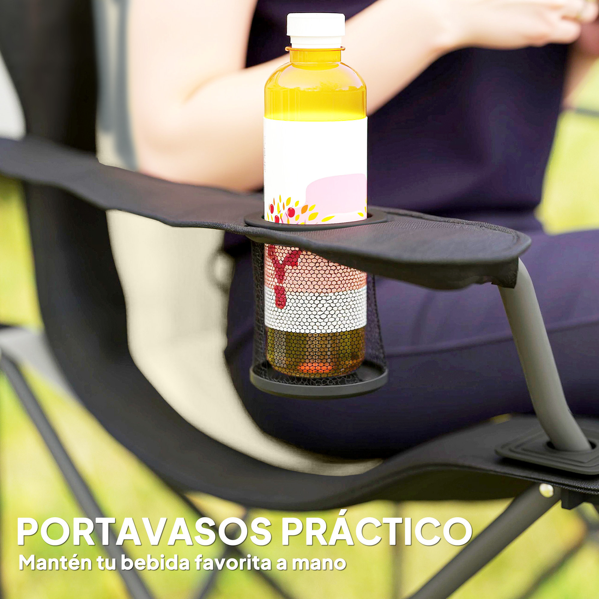 Conjunto de 2 Sillas Plegables Camping con Respaldo Alto Sillas de Camping Portátil Acolchado con Reposabrazos Portavasos y Bolsas de Transporte para Acampada Jardín Terraza Crema y Negro