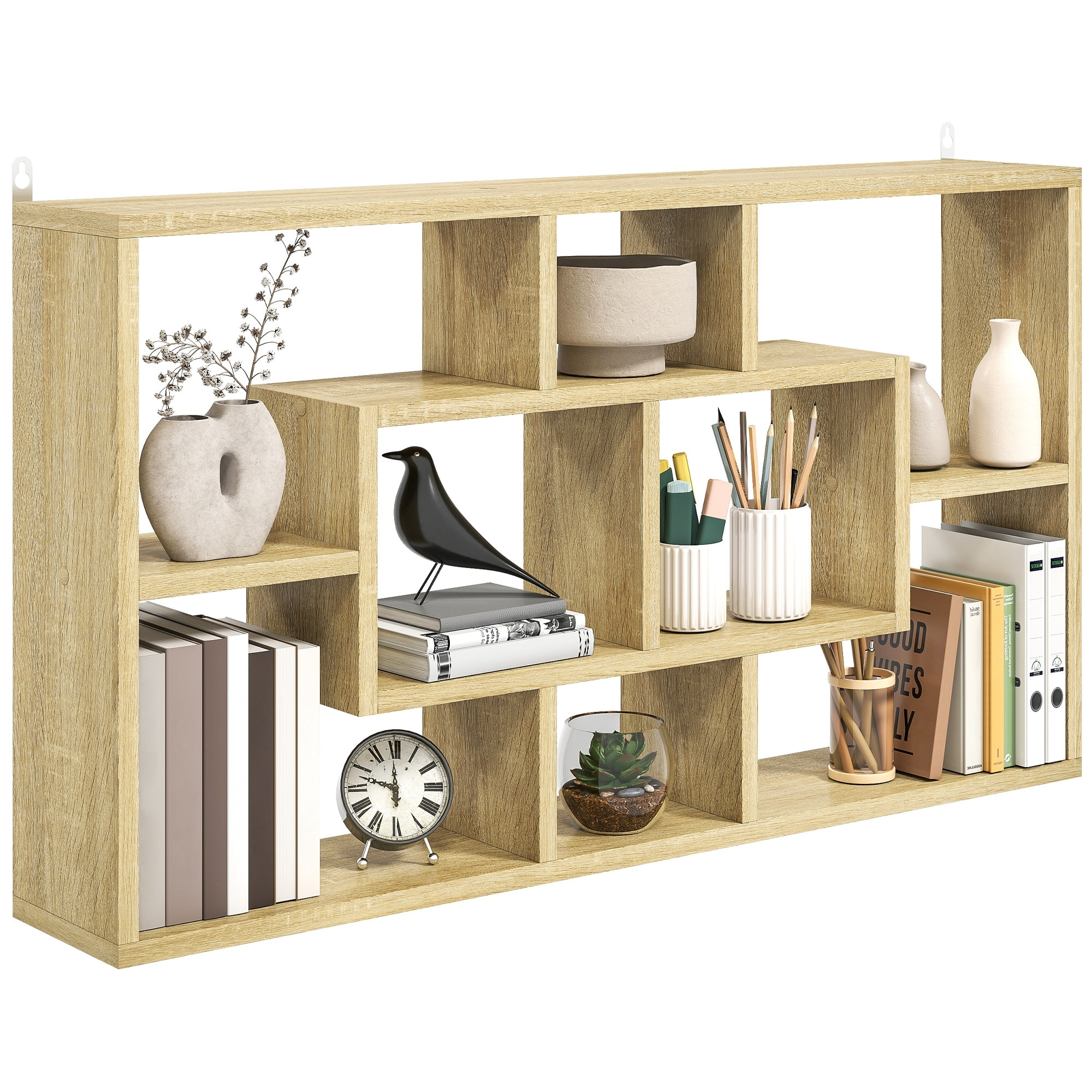 Estante de Pared Decorativo, Estantería para Libro, CDs, Baldas Flotantes con 8 Cubos, 85x14,5x47,5 cm, Carga 20kg, para Oficina, Estudio, Salón, Roble