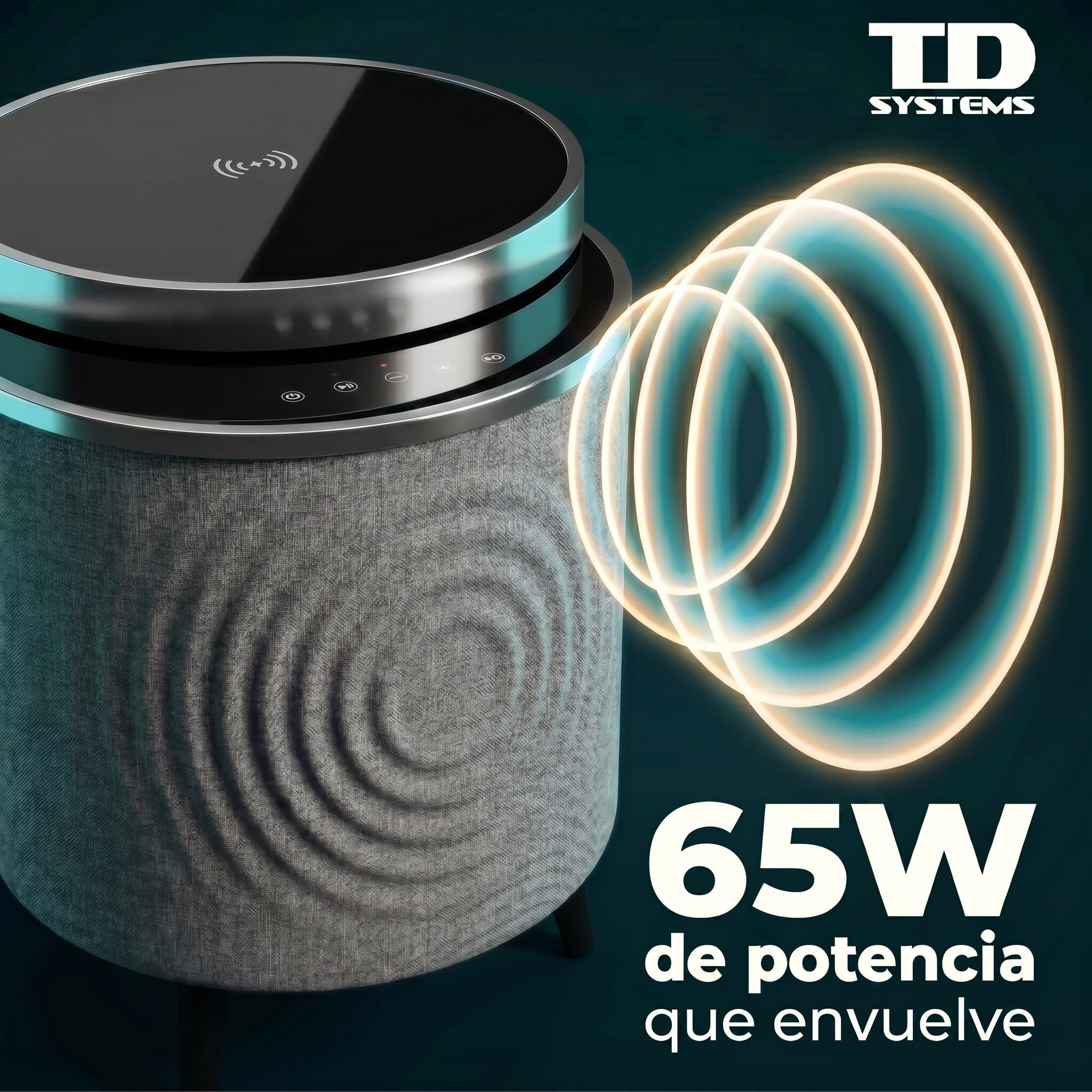 Mesa auxiliar altavoz con sonido de 65W y subwoofer, Bluetooth, base de carga inalámbrica. Mesilla o mesita para dormitorio o sala de estar - TD Systems SM65B11GN [Cristal negro]