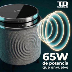 Mesa auxiliar altavoz con sonido de 65W y subwoofer, Bluetooth, base de carga inalámbrica. Mesilla o mesita para dormitorio o sala de estar - TD Systems SM65B11GN [Cristal negro]
