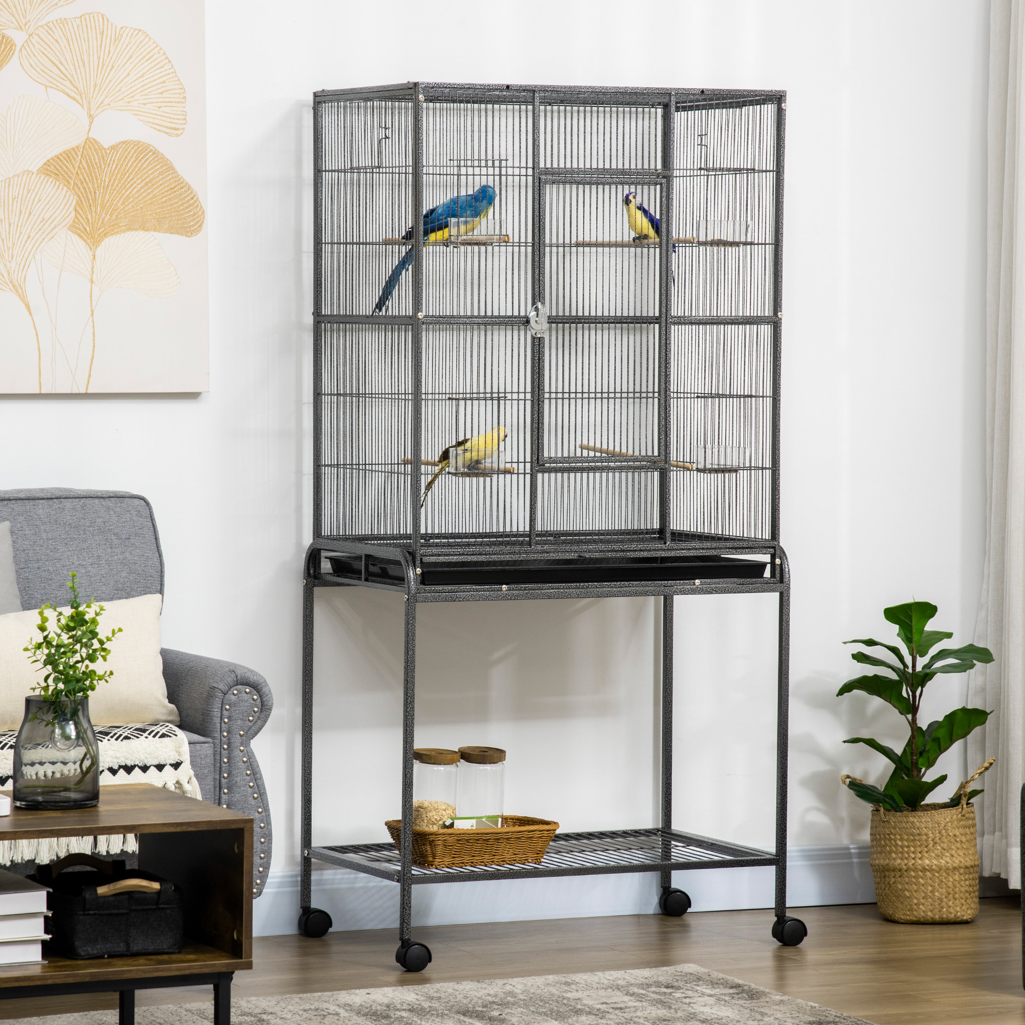 Cage à oiseaux portable avec 4 mangeoires et 4 perchoirs pratique 81 x 48 x 162 cm noir et gris