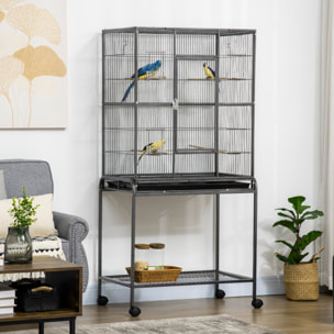 Cage à oiseaux portable avec 4 mangeoires et 4 perchoirs pratique 81 x 48 x 162 cm noir et gris