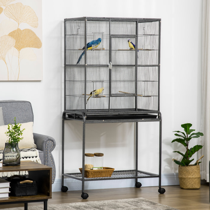 Cage à oiseaux portable avec 4 mangeoires et 4 perchoirs pratique 81 x 48 x 162 cm noir et gris