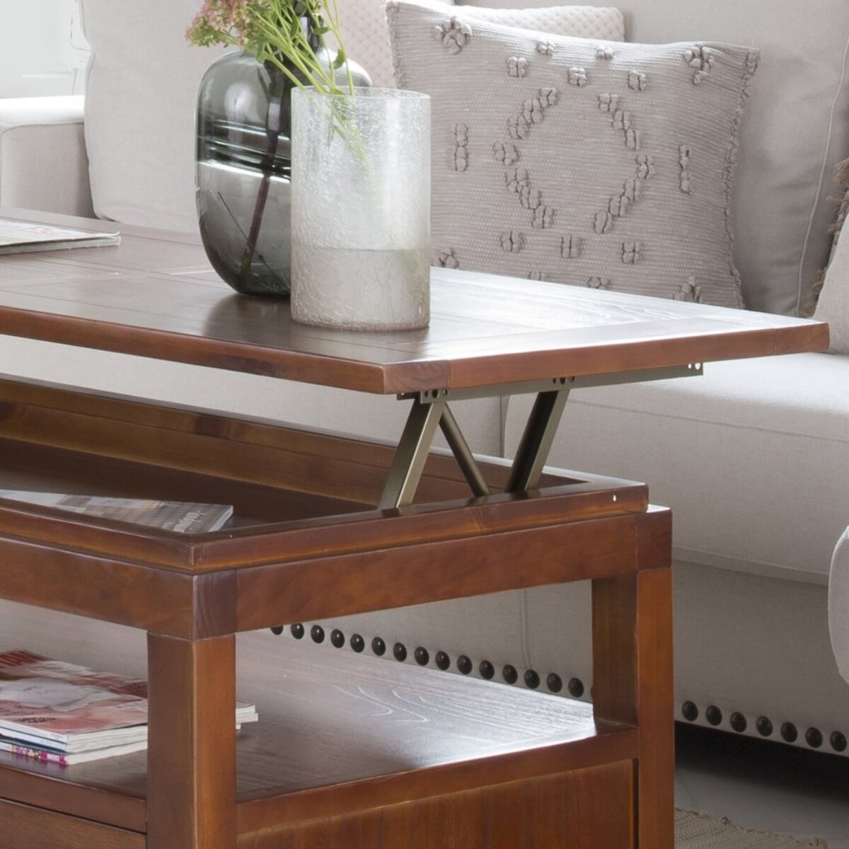 Table basse avec plateau relevable Kenia -bois massif et placage naturel de mindi-couleur teck 110 x 46 x 60 cm