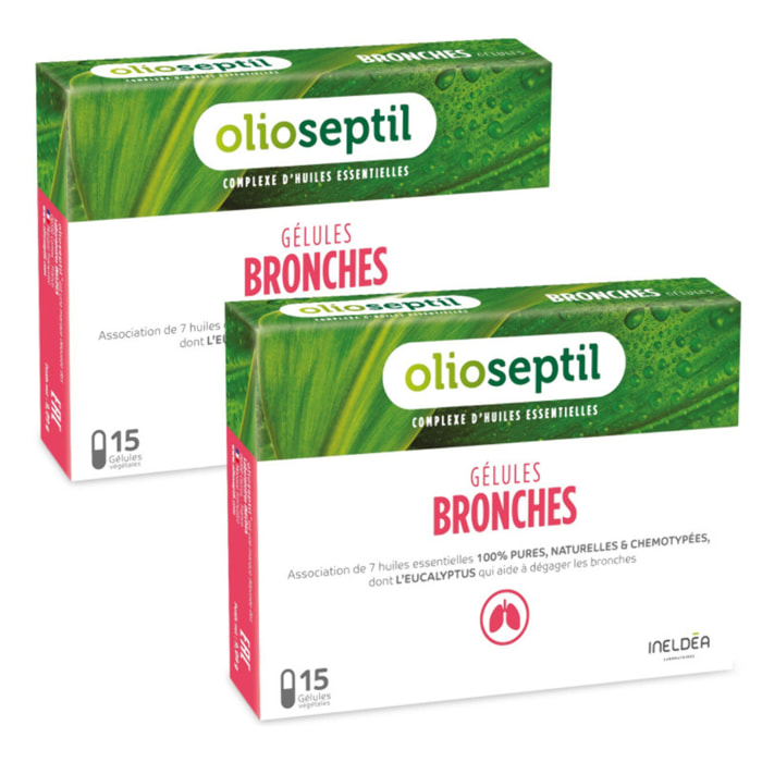 OLIOSEPTIL - Gélules Bronches - Complexe d'huiles essentielles pures - Gélules végétales L-Vcaps - Dès 15 Ans - Aide à dégager les bronches et assainir les voies respiratoires - Lot de 2 produits
