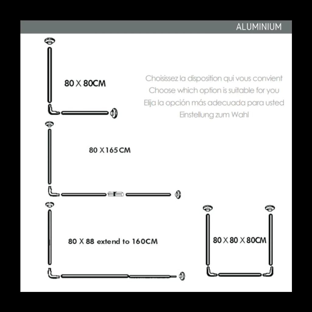 Barre tringle pour rideau de douche d'angle modulable à fixer en Alu 80x80x80cm Blanc MSV