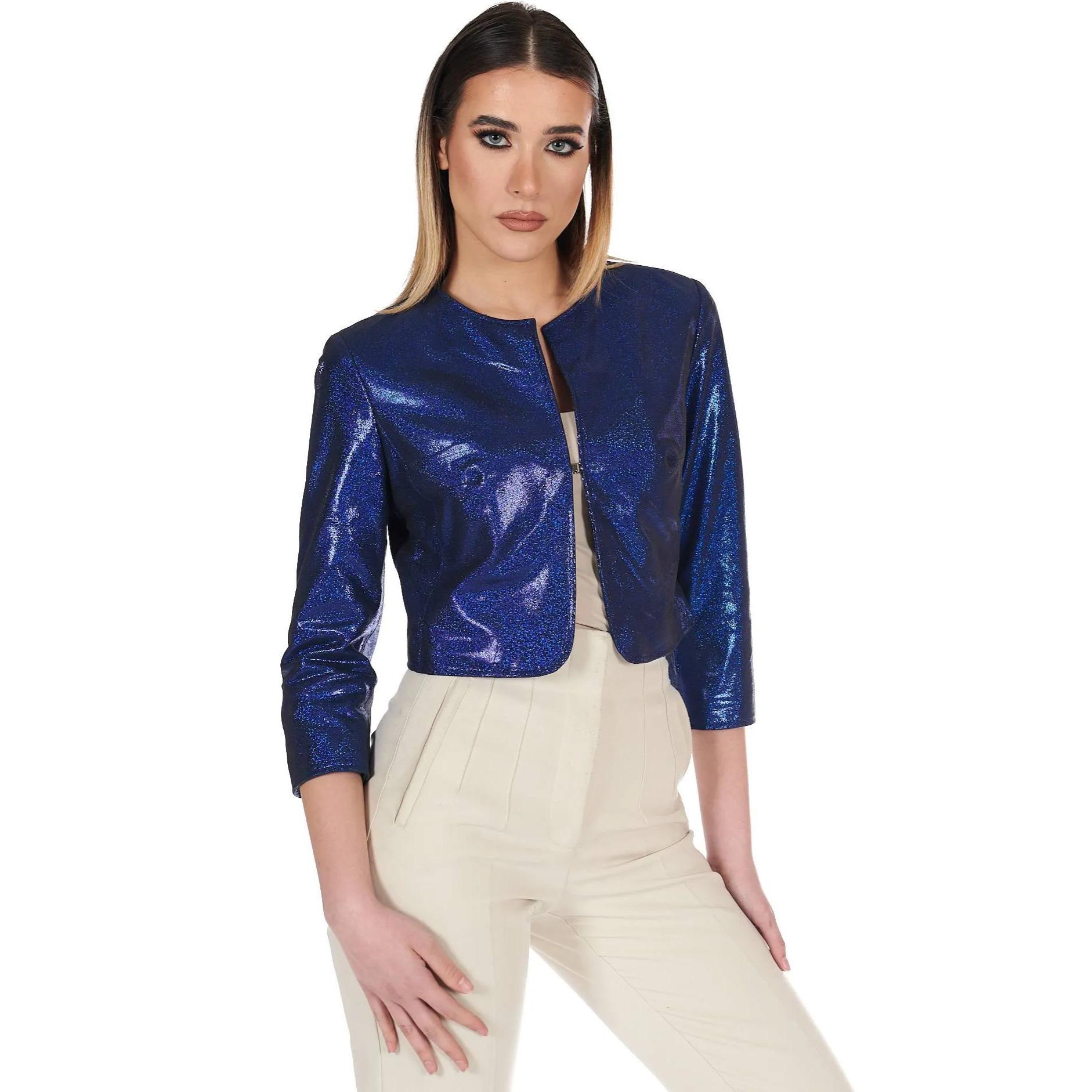 Giacca corta bolero in pelle laminata blu girocollo