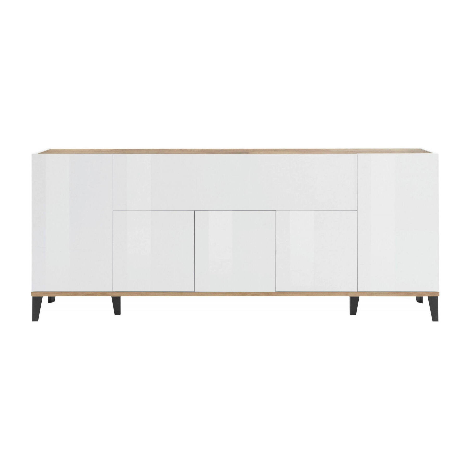 Credenza moderna a 6 ante, Made in Italy, Madia da cucina rialzata, Buffet di design da soggiorno, Cm 200x40h82, Bianco lucido e Acero