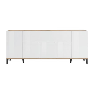 Credenza moderna a 6 ante, Made in Italy, Madia da cucina rialzata, Buffet di design da soggiorno, Cm 200x40h82, Bianco lucido e Acero