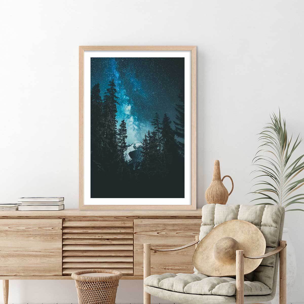 Affiche paysage voie lactée alpine Affiche + cadre en bois - Chêne