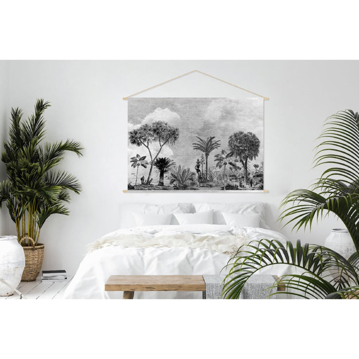 Kakemono tableau en toile suspendue village ethnique tropical noir et blanc L150 x H100 cm BAMAKO