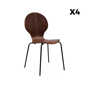 Lot de 4 chaises noyer. rétro empilables. bois d'hévéa et contreplaqué. pieds en acier. Naomi. L 43 x P 48 x H 87cm